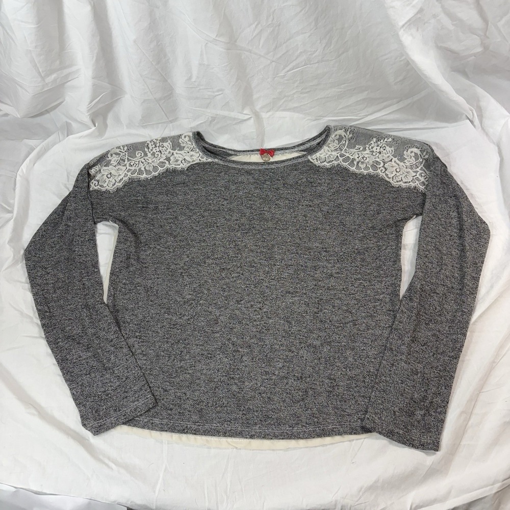 POOF Tunic Top Grey White LARGE STRETCH Sheer‎ Back Lace Fairy Boho Coquette